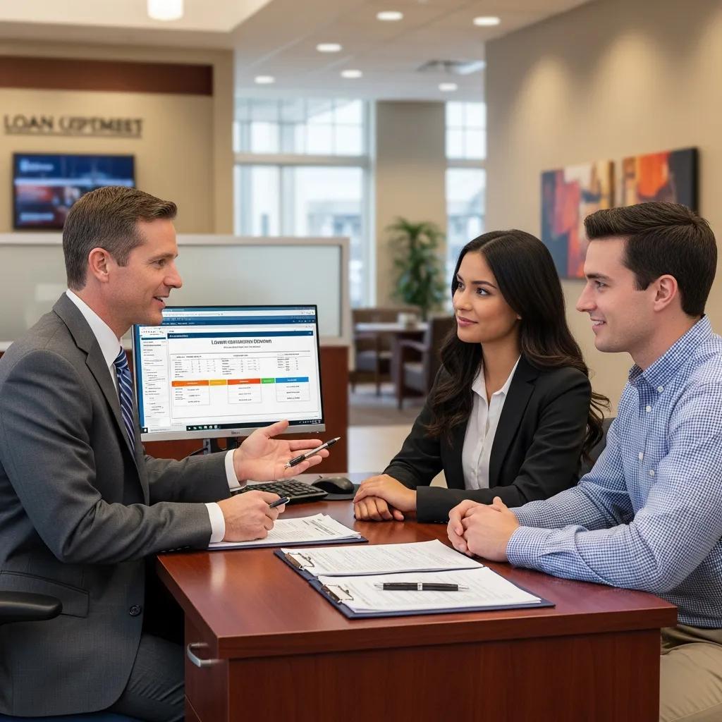 Bank loan officer reviewing mortgage details with clients