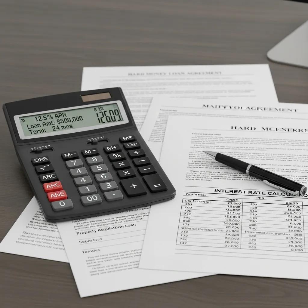 Calculator and documents showing hard money loan rates and estimates