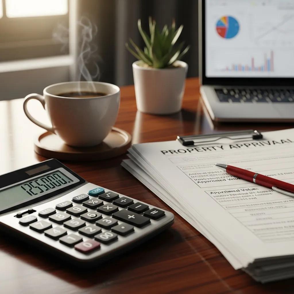 Calculator and property documents representing financial planning for hard money loans