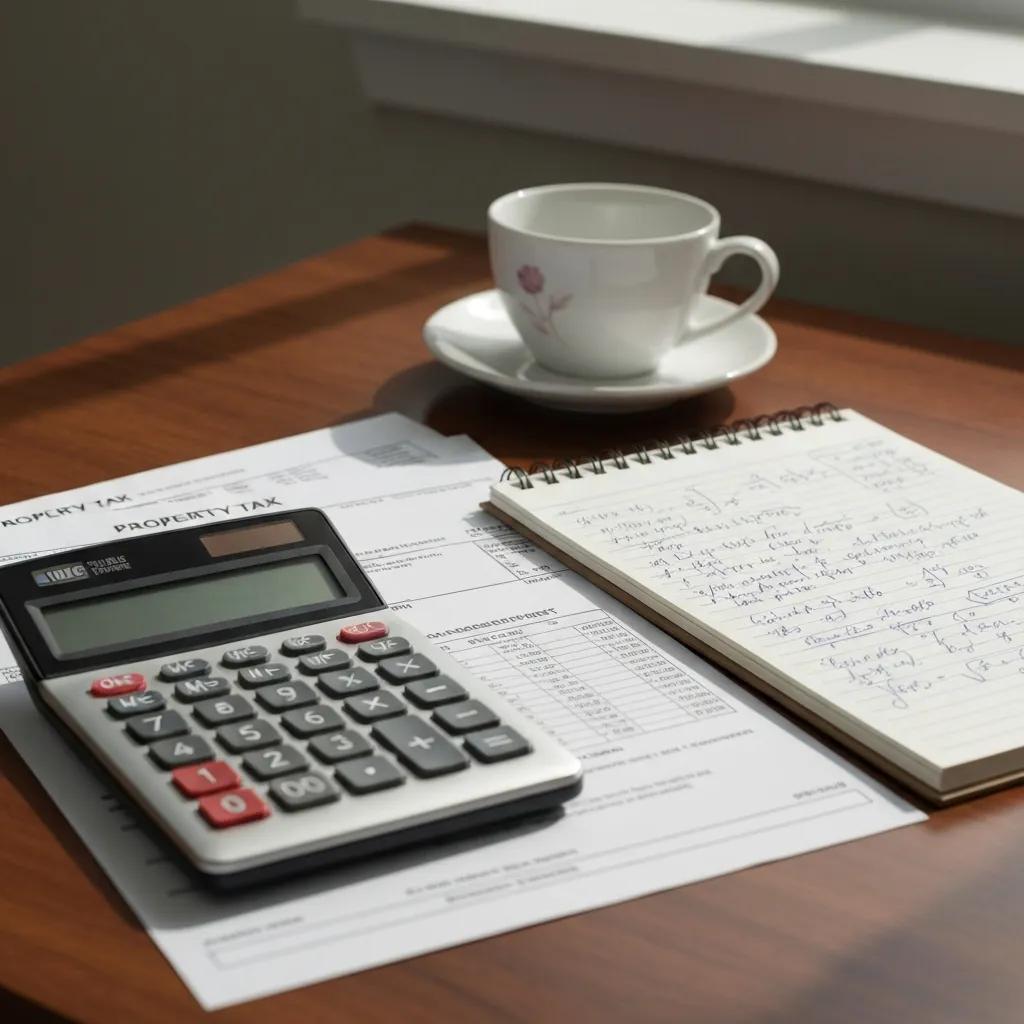 Calculator and property tax documents on a desk illustrating how taxes are calculated