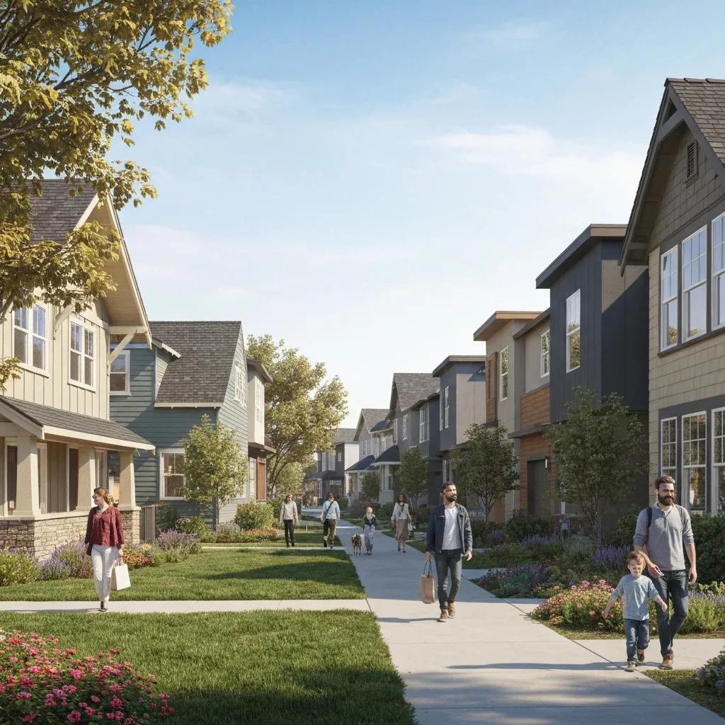 Typical California neighborhood with mixed housing types and street activity
