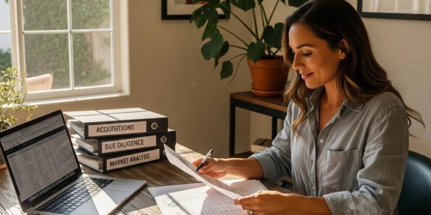 California real estate investor reviewing property documents in a cozy home office