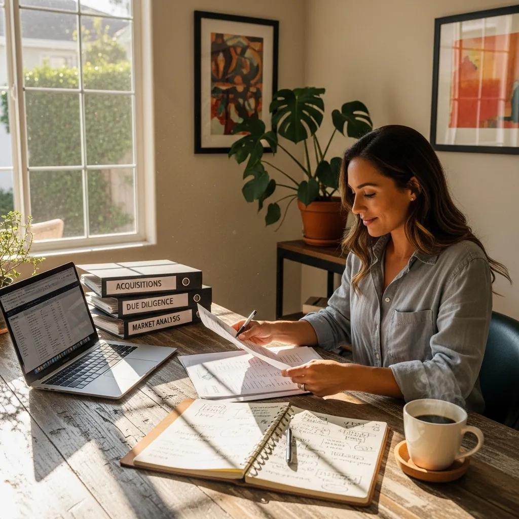 California real estate investor reviewing property documents in a cozy home office