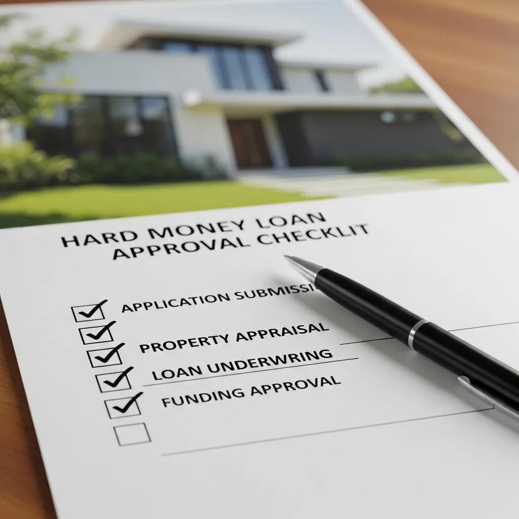 Approval checklist for a hard money loan overlaid on a property photo