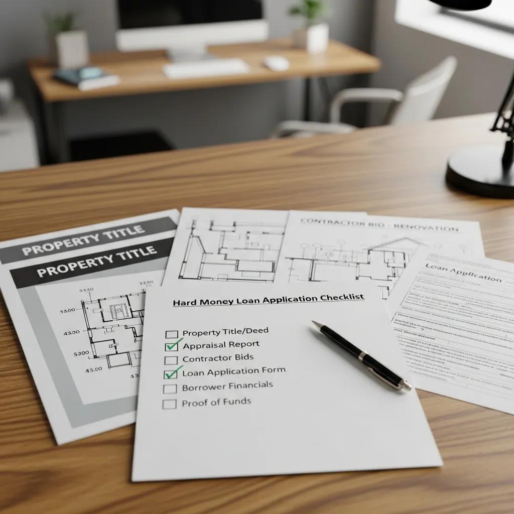 Document checklist for hard money loan applications on a wooden desk