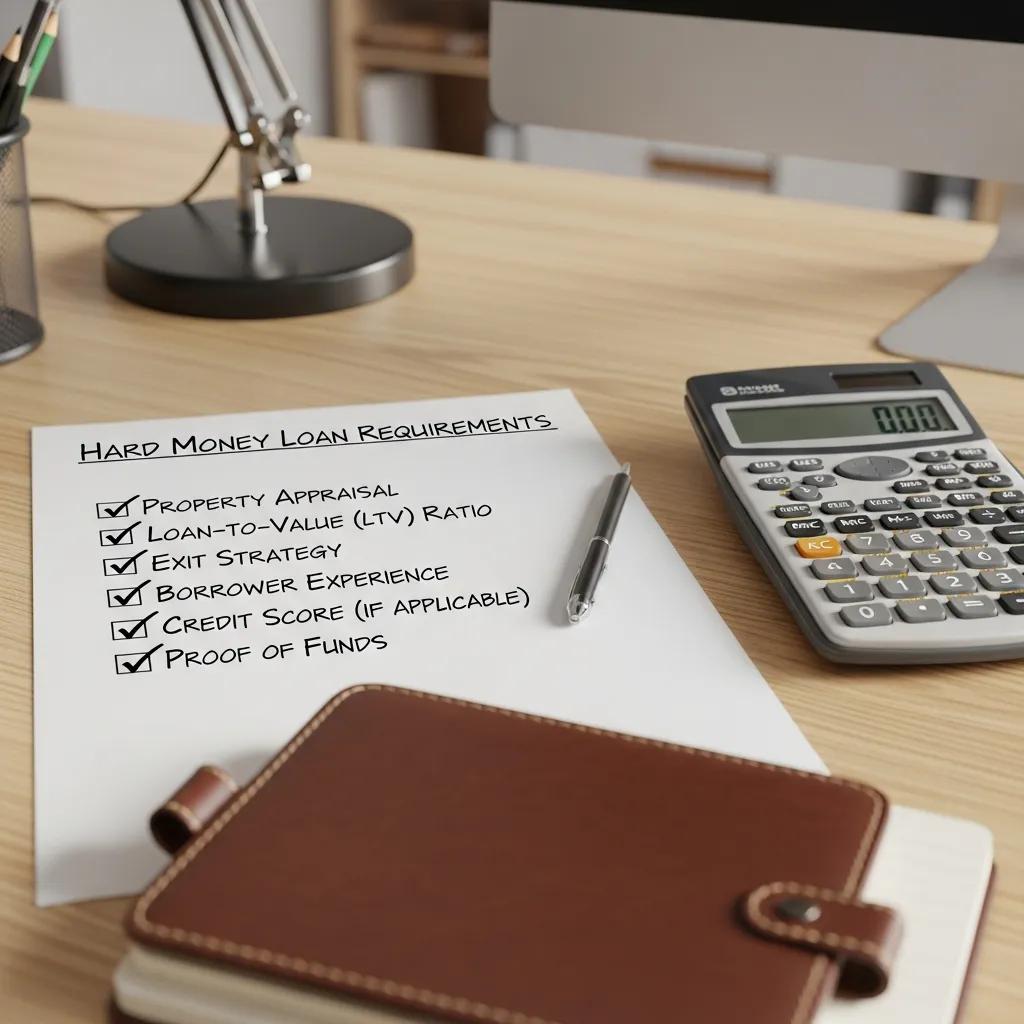 Checklist showing core hard money loan requirements on a desk
