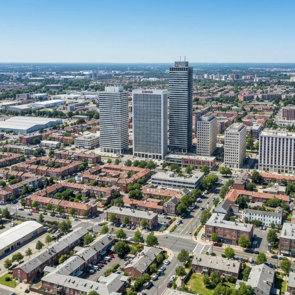 Cityscape showing residential, commercial, and industrial zoning areas