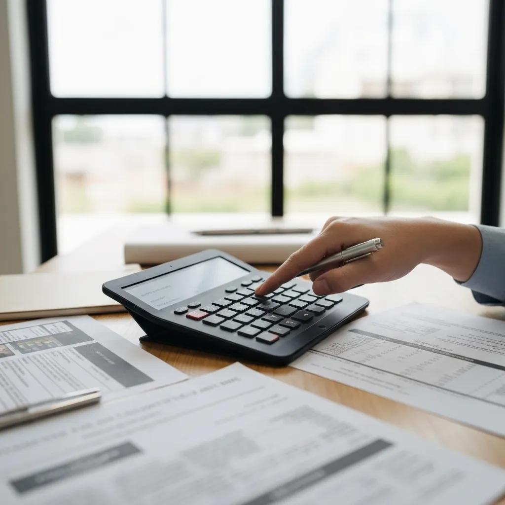 Close-up of a hand using a loan calculator on a tablet alongside property documents, showing key loan inputs