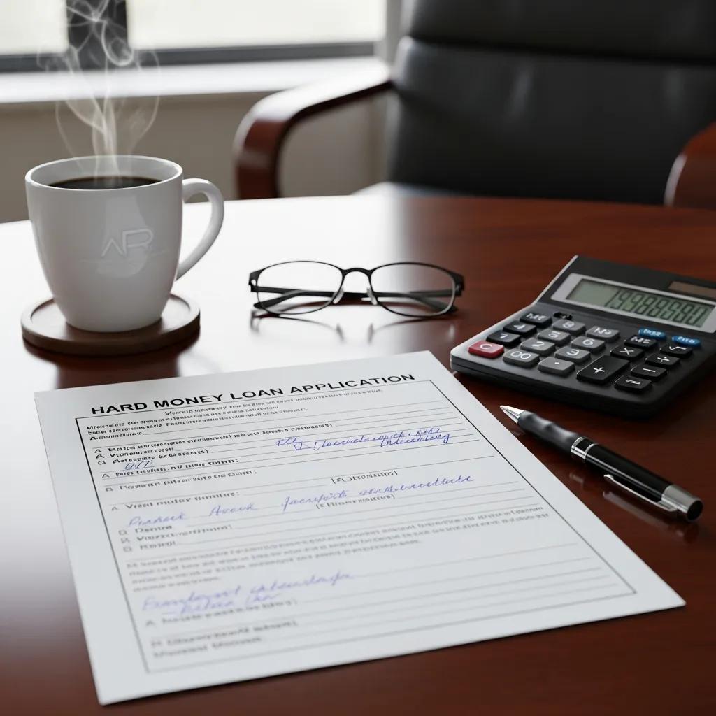 Close-up of a hard money loan file with a calculator and notes, emphasizing investor advantages