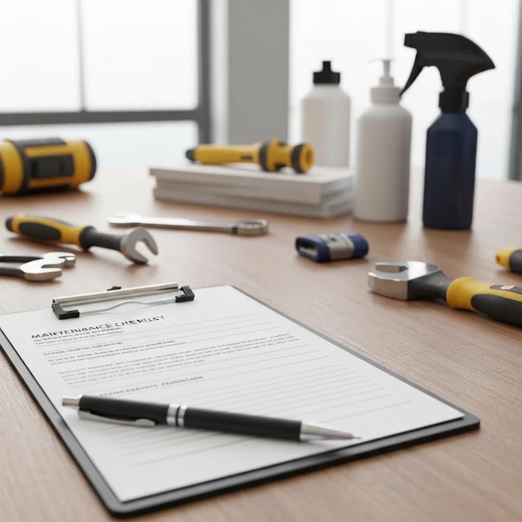 Close-up of a maintenance checklist on a clipboard in an organized workspace