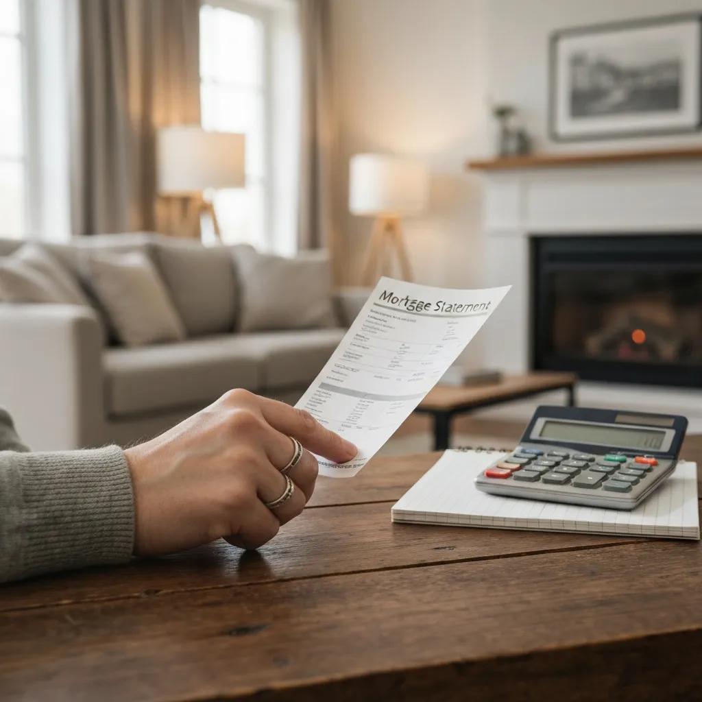 Close-up of a mortgage statement and calculator on a wooden table in a cozy living room