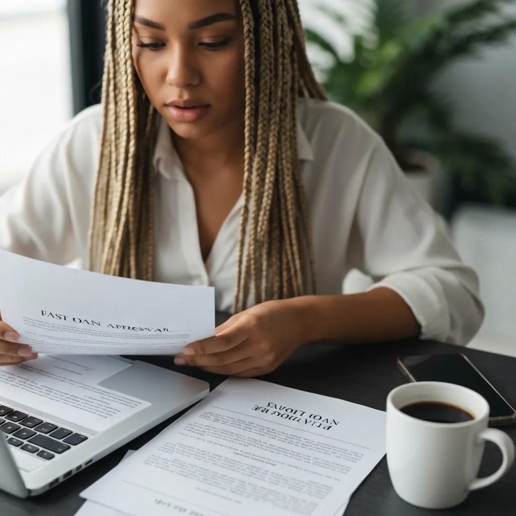 Person reviewing loan documents and a laptop during an expedited approval process