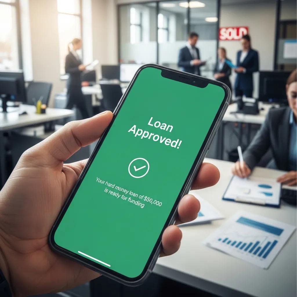 Close-up of a smartphone with loan approval notification in a busy real estate office