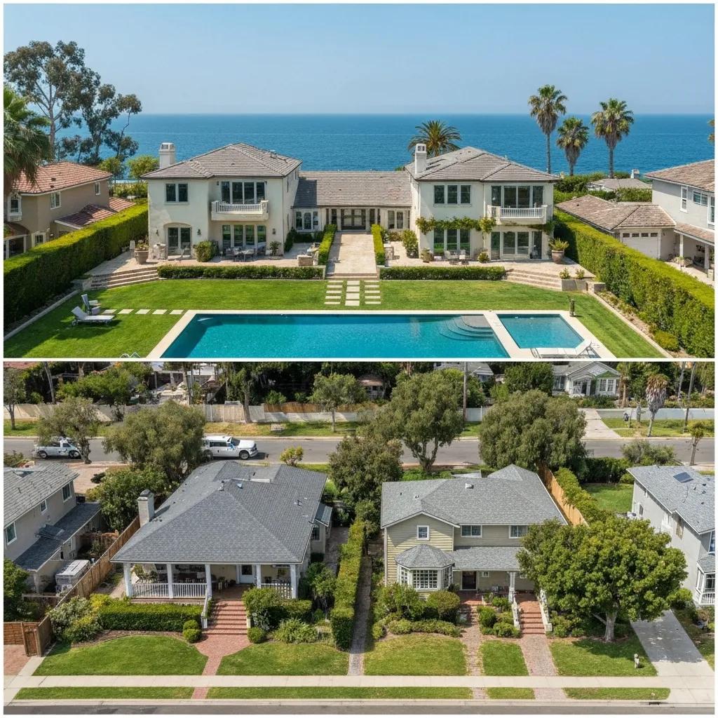 Side-by-side of higher-priced coastal homes and more affordable inland properties, showing median price contrasts