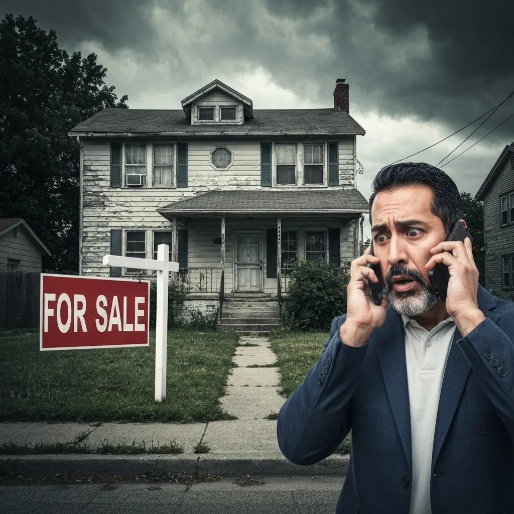 Investor on the phone outside a distressed property during an urgent bailout