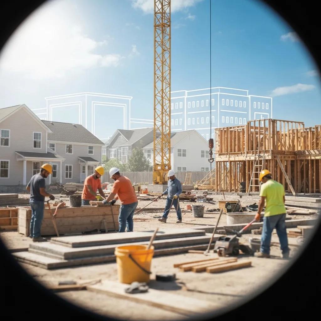 Active construction site with workers and materials — illustrating hard money construction lending