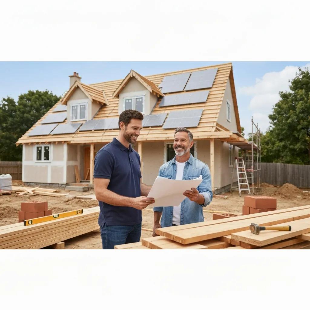Contractor and homeowner discussing renovation plans at a construction site, highlighting fix-and-flip loans