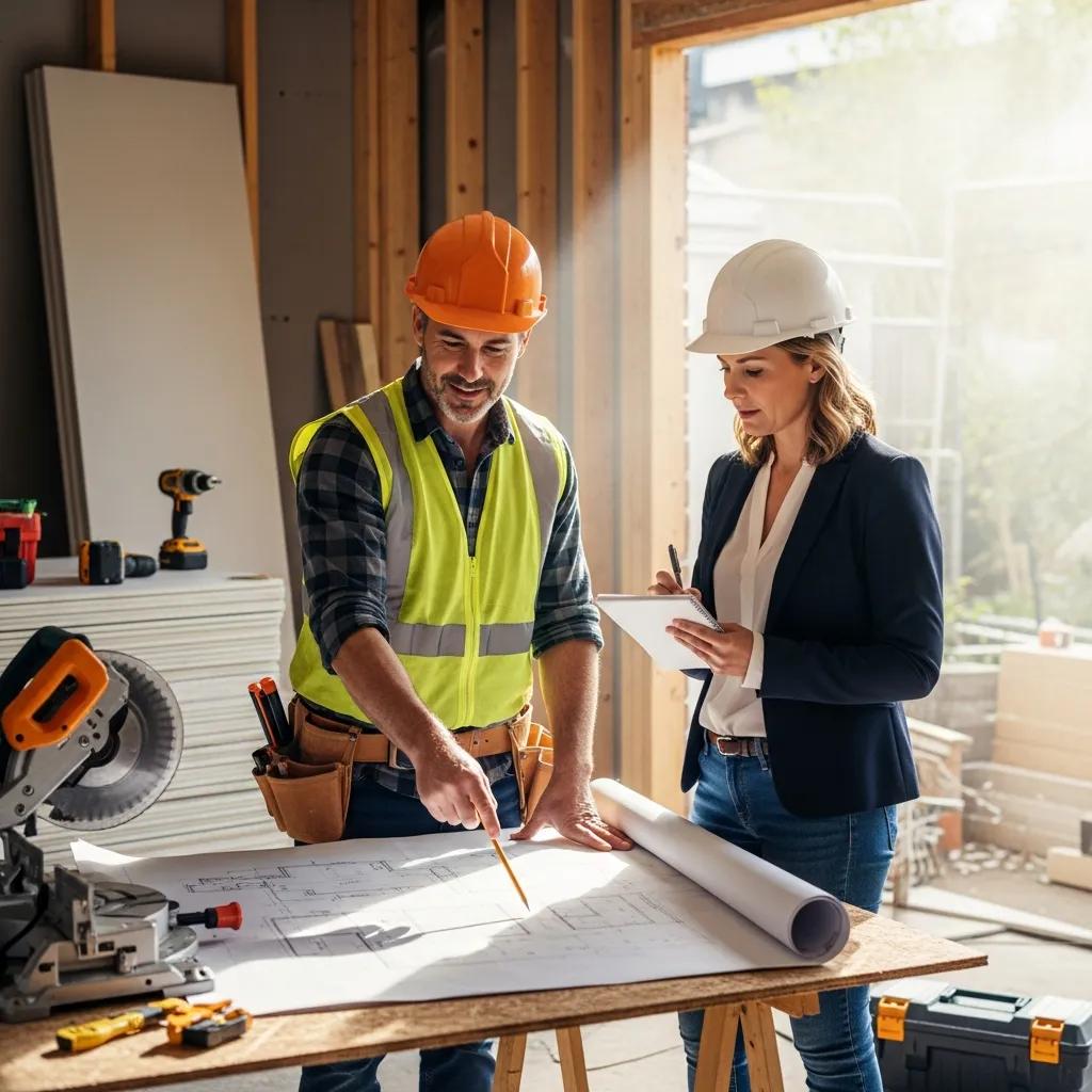 Contractor and investor reviewing fix-and-flip loan requirements at a property