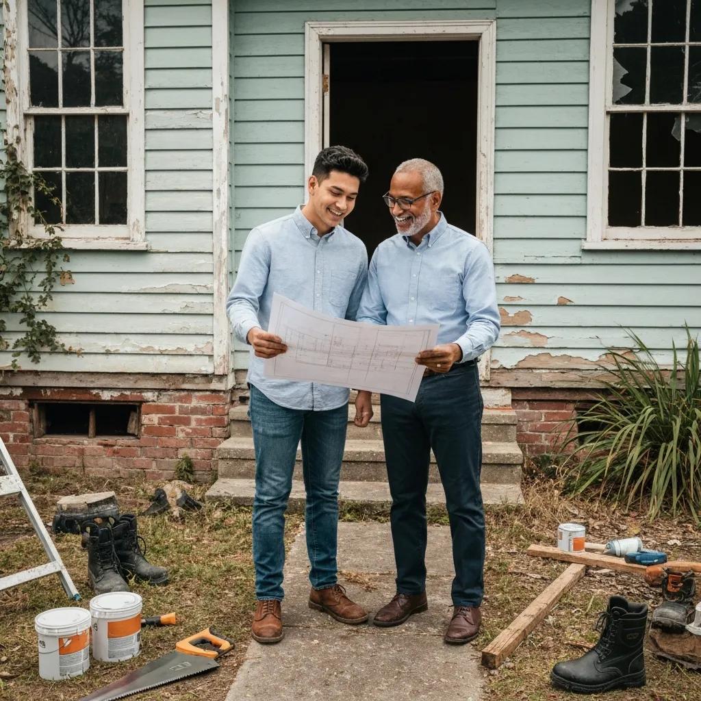 Contractor and investor reviewing rehab plans at a distressed property
