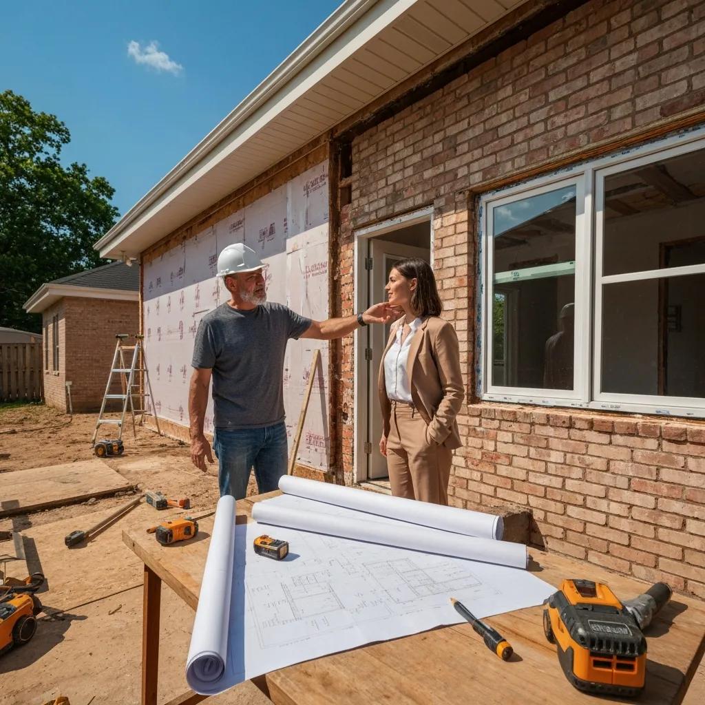 Contractor and investor reviewing renovation plans at a flip site
