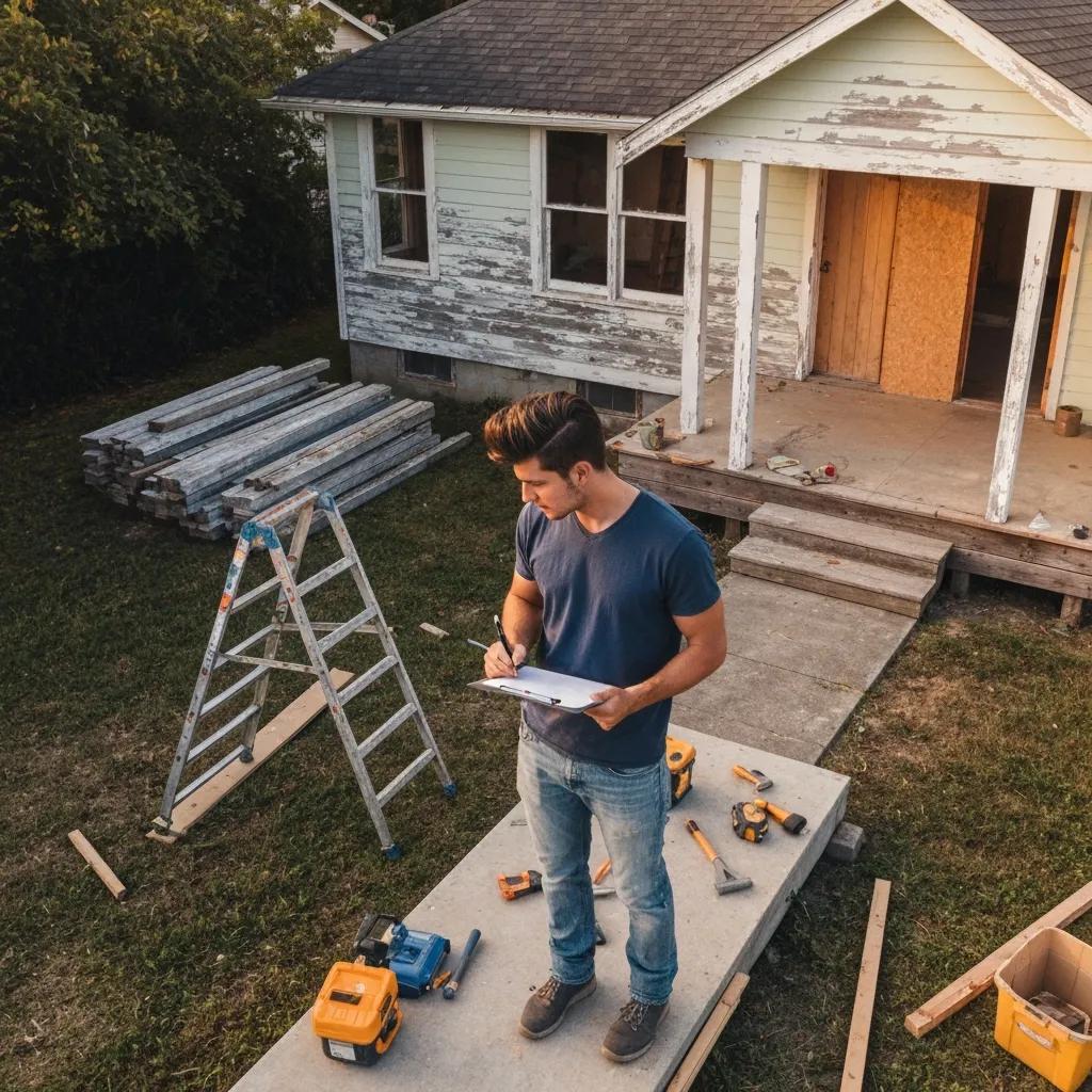 Contractor inspecting a distressed property before renovation