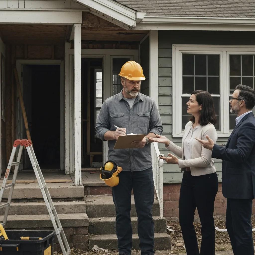 Contractor inspecting a distressed property while investors review renovation plans