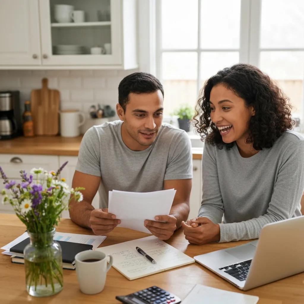 Couple reviewing housing costs and overall debts while planning their budget