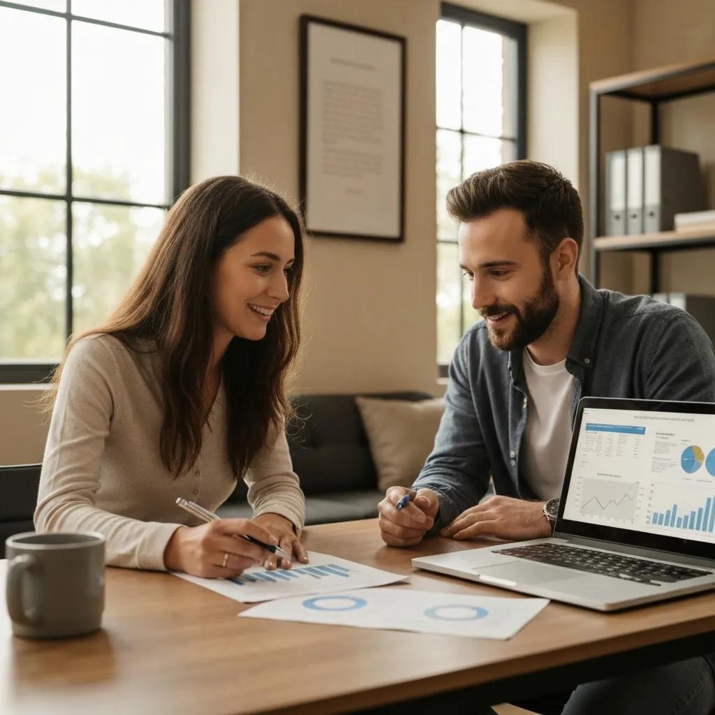 Couple reviewing financing options for an inherited house in a home office