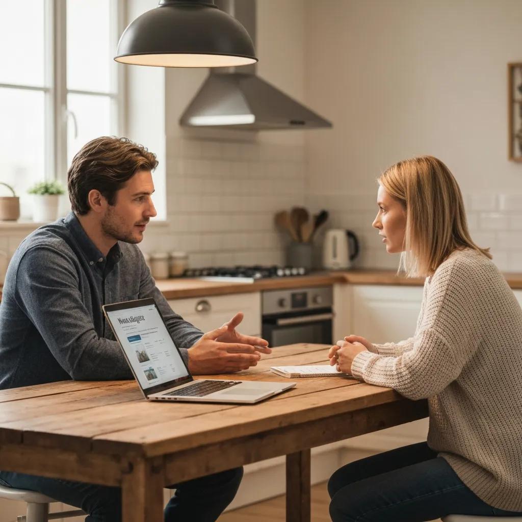 Couple discussing second mortgage options at a kitchen table with a laptop
