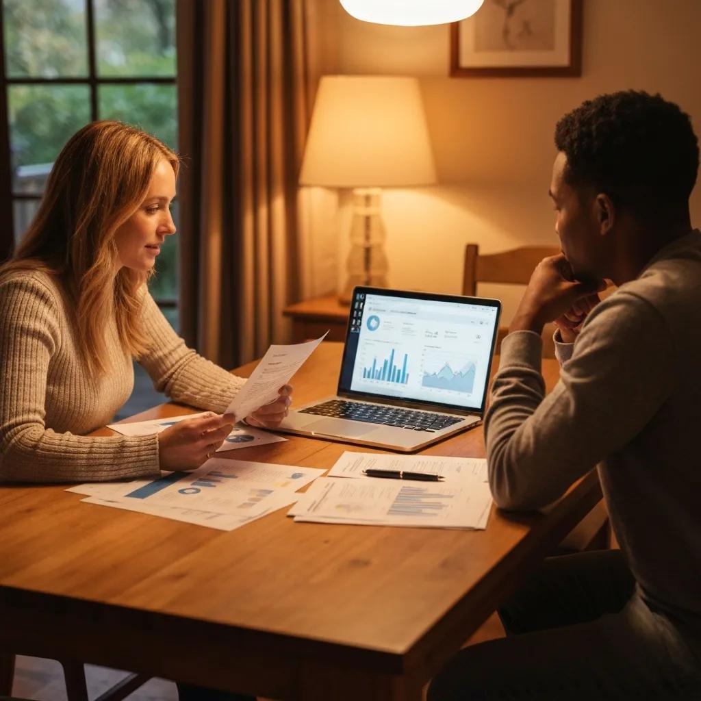 Couple going over financial documents and discussing an investment plan