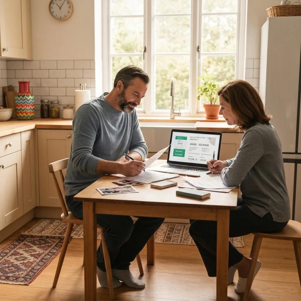Couple reviewing financial documents for mortgage application at home