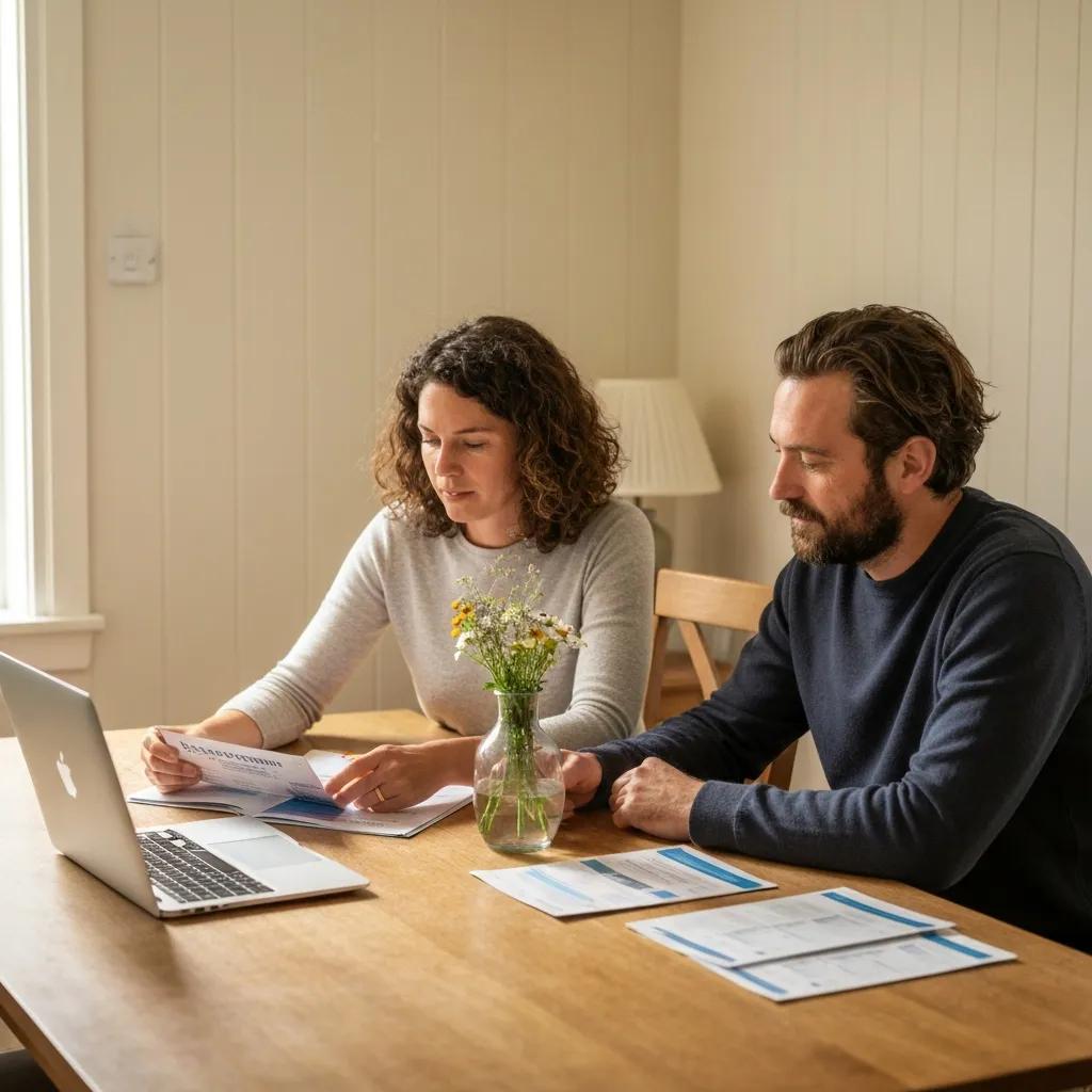 Couple comparing mortgage options at a table with brochures and a laptop