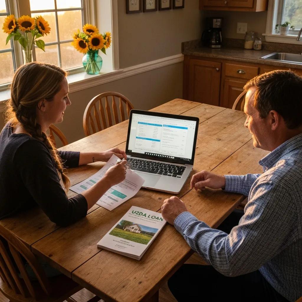 Couple reviewing USDA loan paperwork at their kitchen table to check eligibility