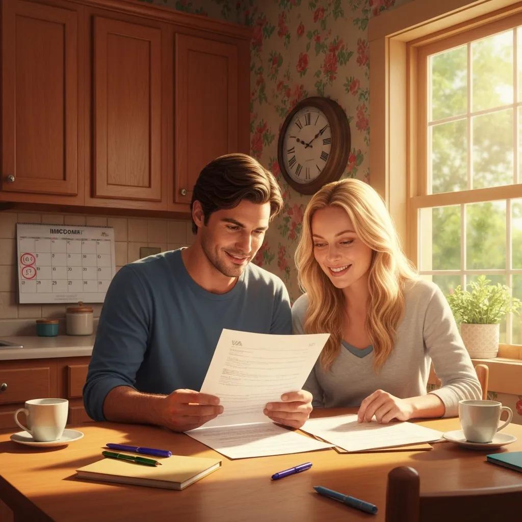 Couple going over VA loan paperwork at their kitchen table