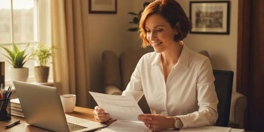 Cozy home office scene with a real estate investor reviewing tax documents and a laptop