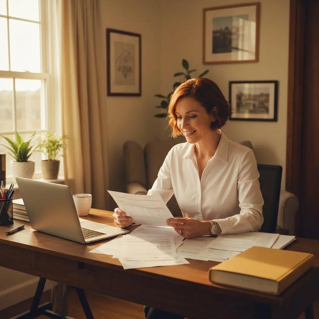 Cozy home office scene with a real estate investor reviewing tax documents and a laptop