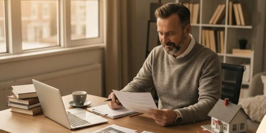 Cozy home office with a real estate investor reviewing documents and property images