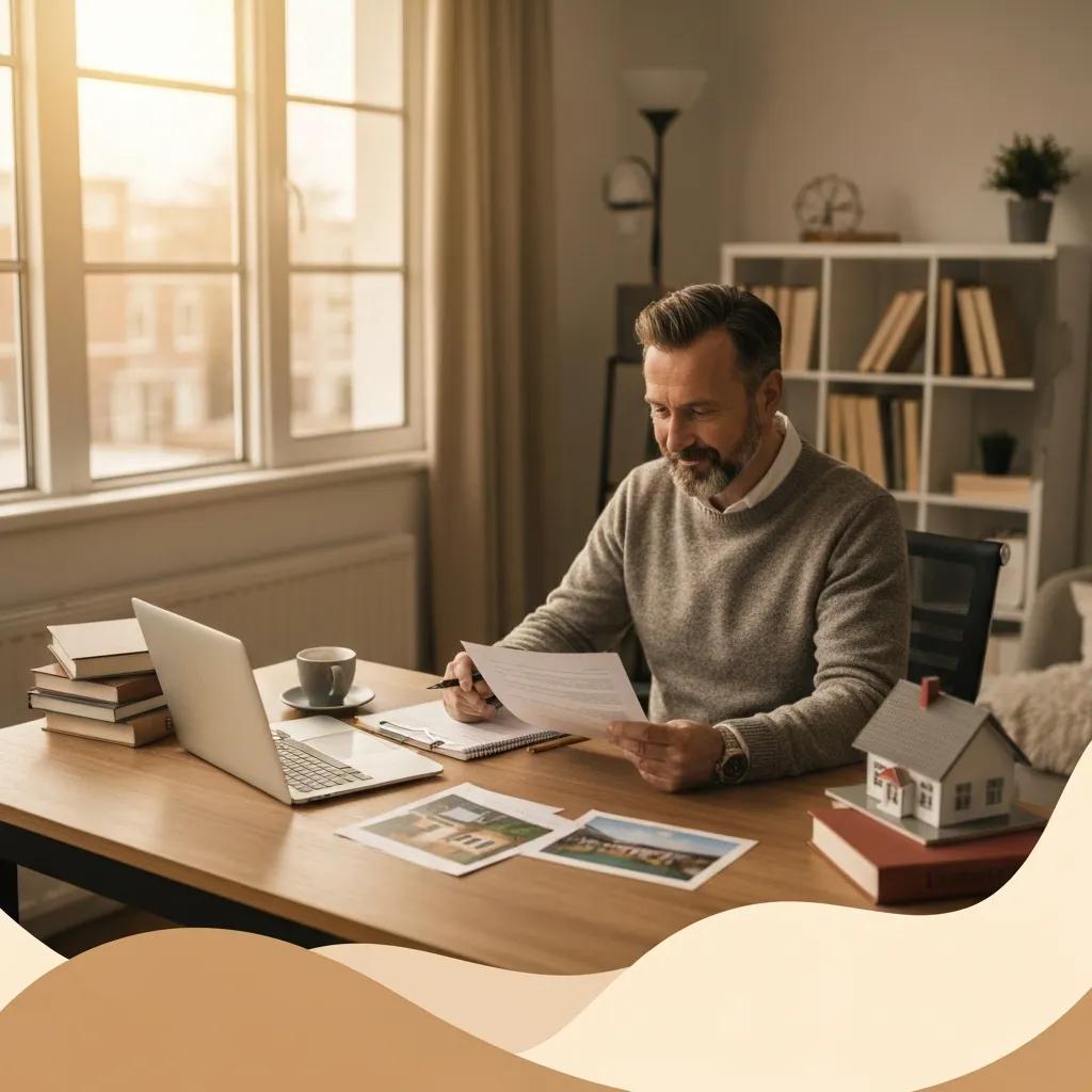 Cozy home office with a real estate investor reviewing documents and property images