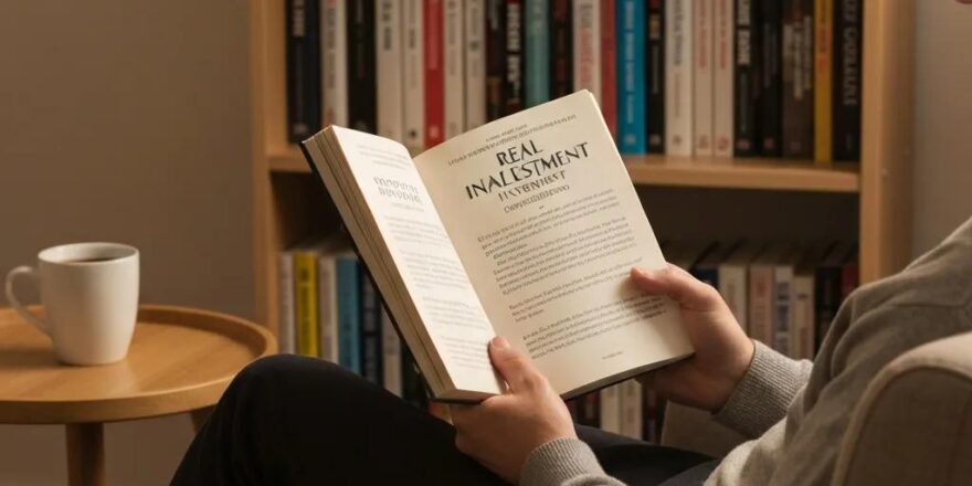 Cozy reading nook with a person engaged in real estate investment book