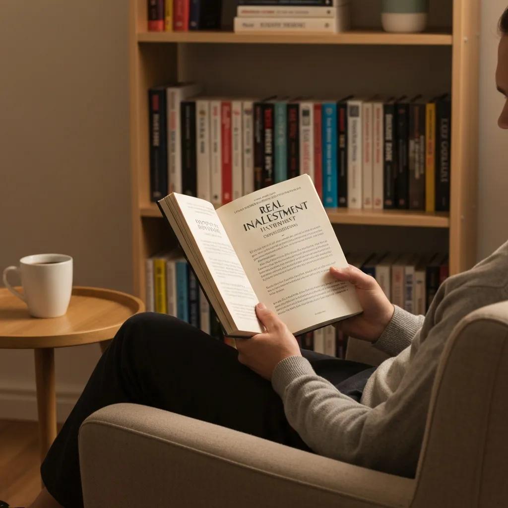 Cozy reading nook with a person engaged in real estate investment book