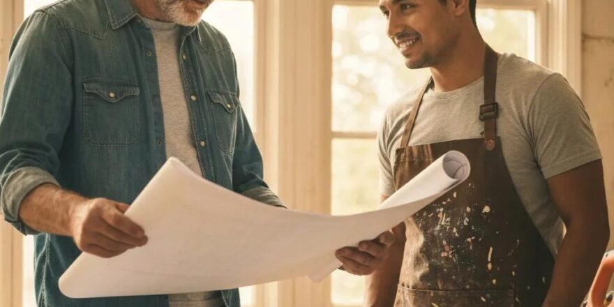 Cozy renovation scene showing a contractor and homeowner discussing plans for a distressed property
