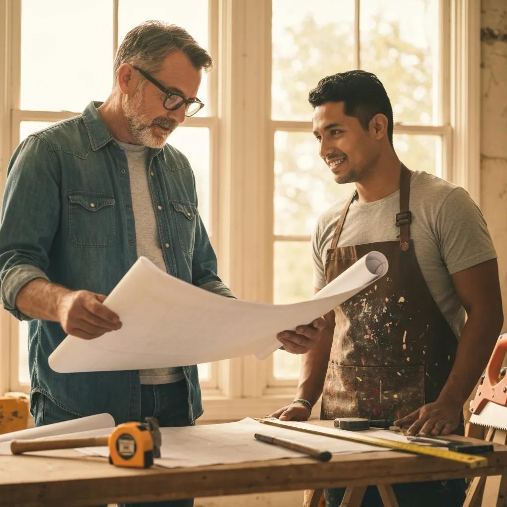 Cozy renovation scene showing a contractor and homeowner discussing plans for a distressed property