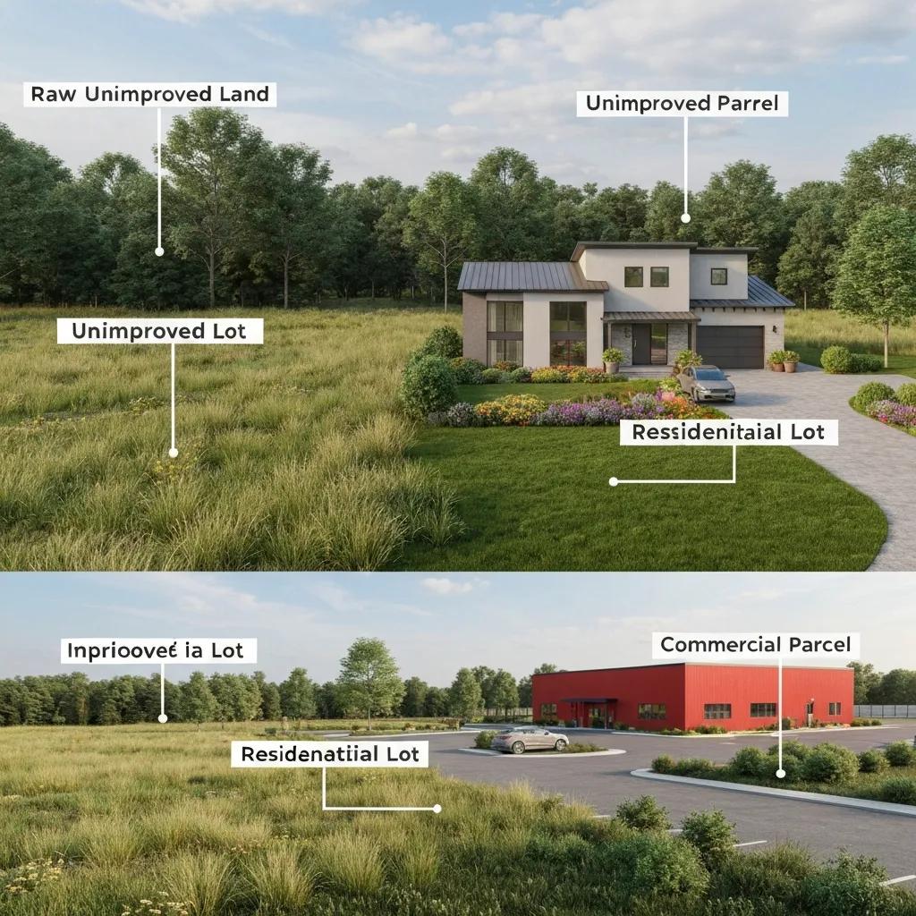 Different types of land parcels including raw, unimproved, improved, and commercial lots