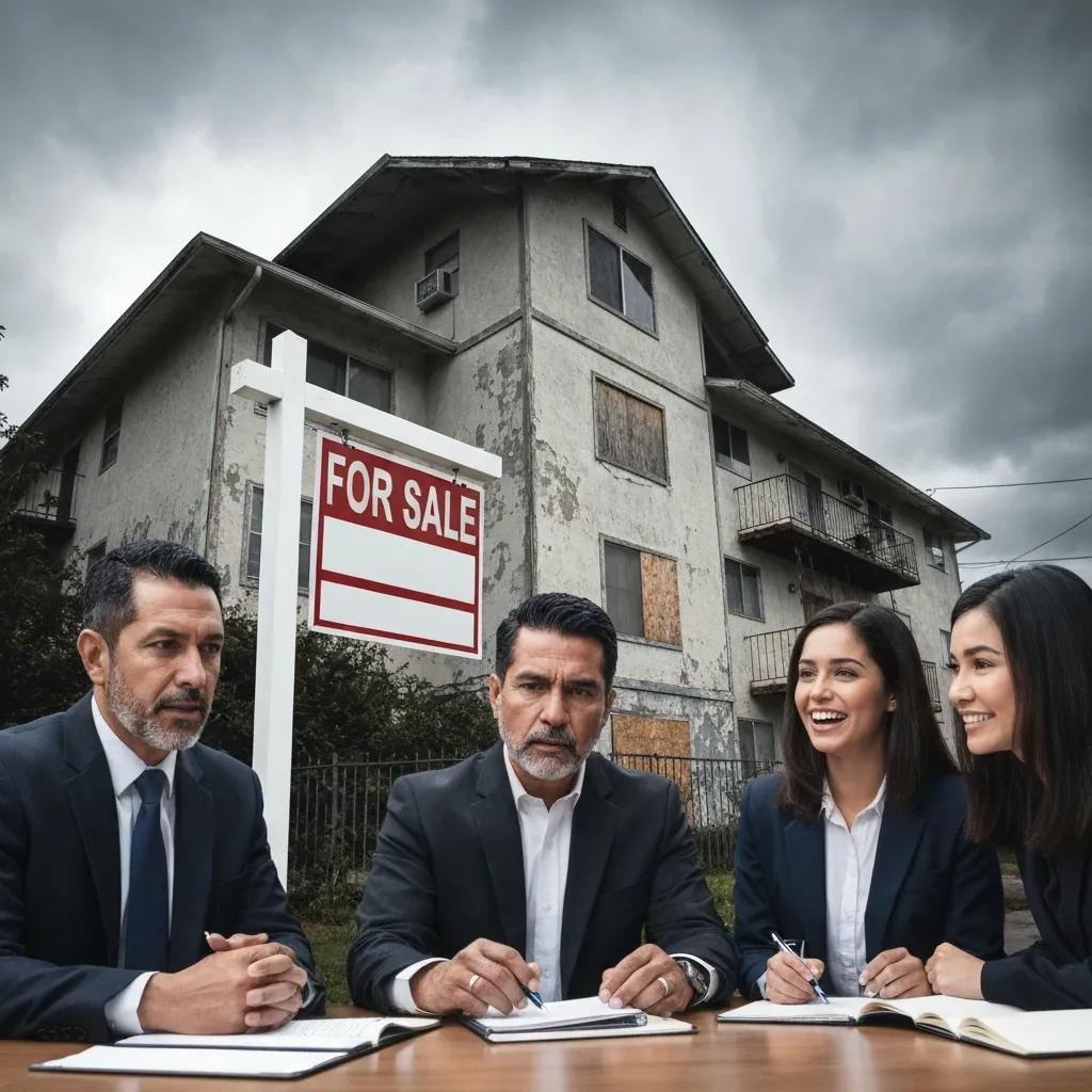 Distressed apartment building with professionals discussing bailout strategies