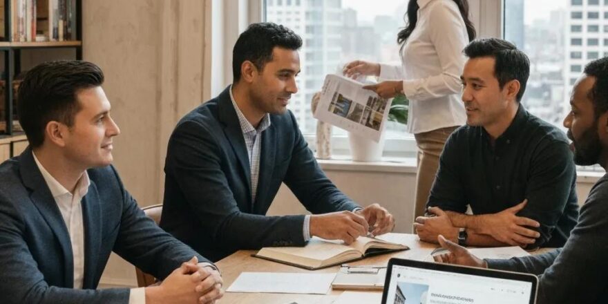 Diverse group discussing real estate crowdfunding strategies in a modern office