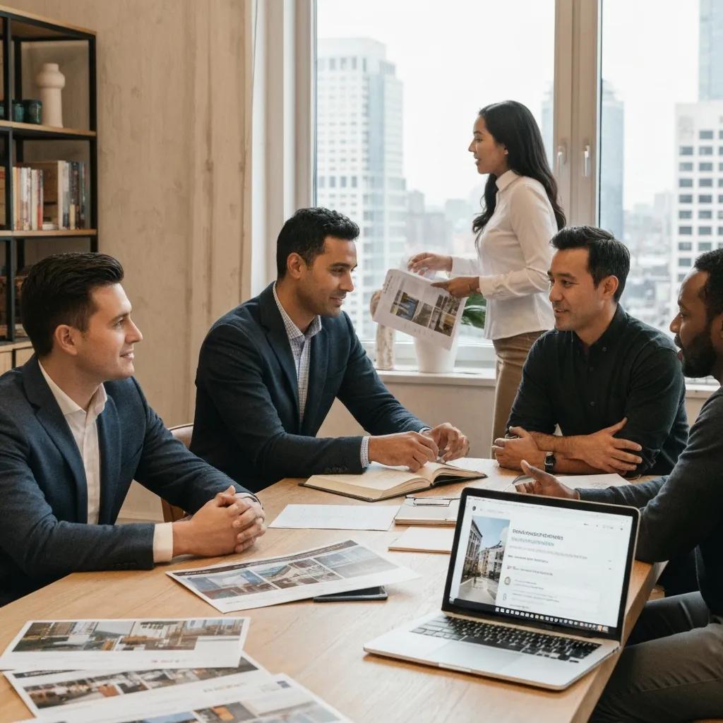 Diverse group discussing real estate crowdfunding strategies in a modern office