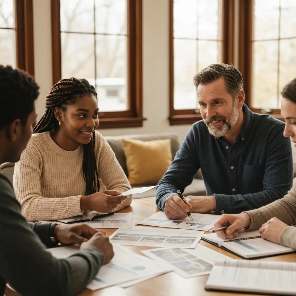 Group reviewing real estate basics with listings and financial worksheets