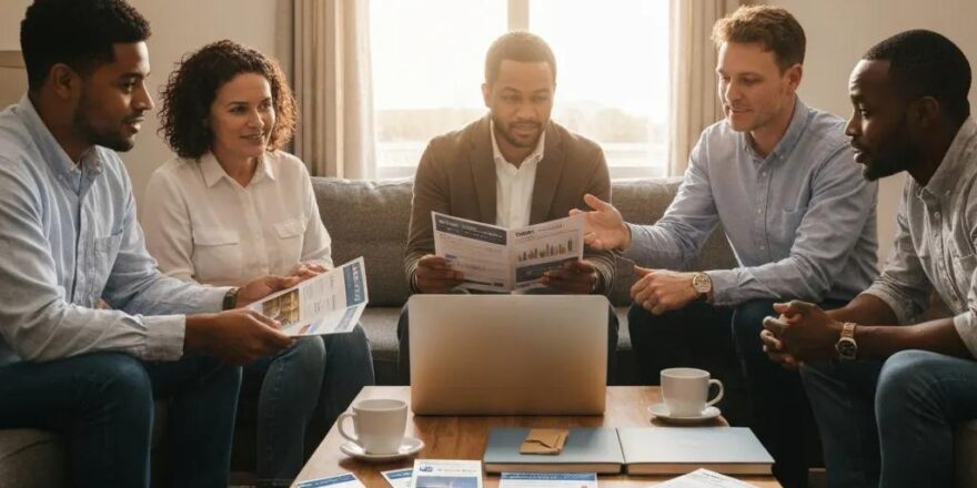 Diverse group discussing real estate investment in a cozy living room