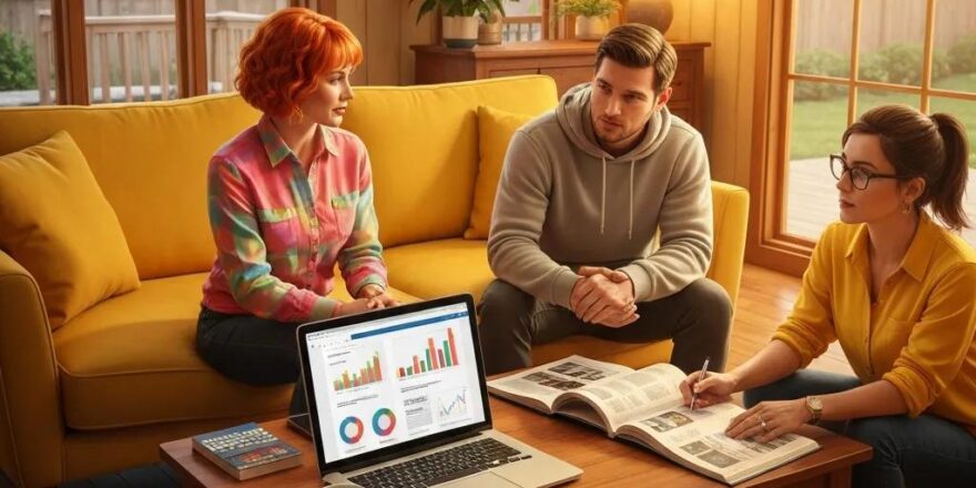 Diverse group discussing real estate investment strategies in a cozy living room