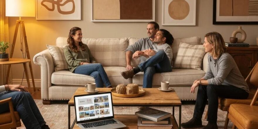 Diverse group discussing real estate investment strategies in a cozy living room